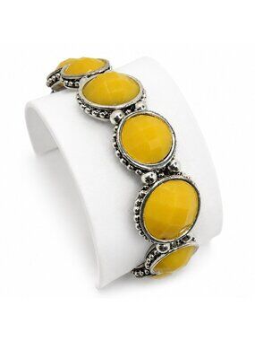 Napier Stretch Bracelet OS Yellow Silver Tone Faceted Cabochon Boho Retro Summer